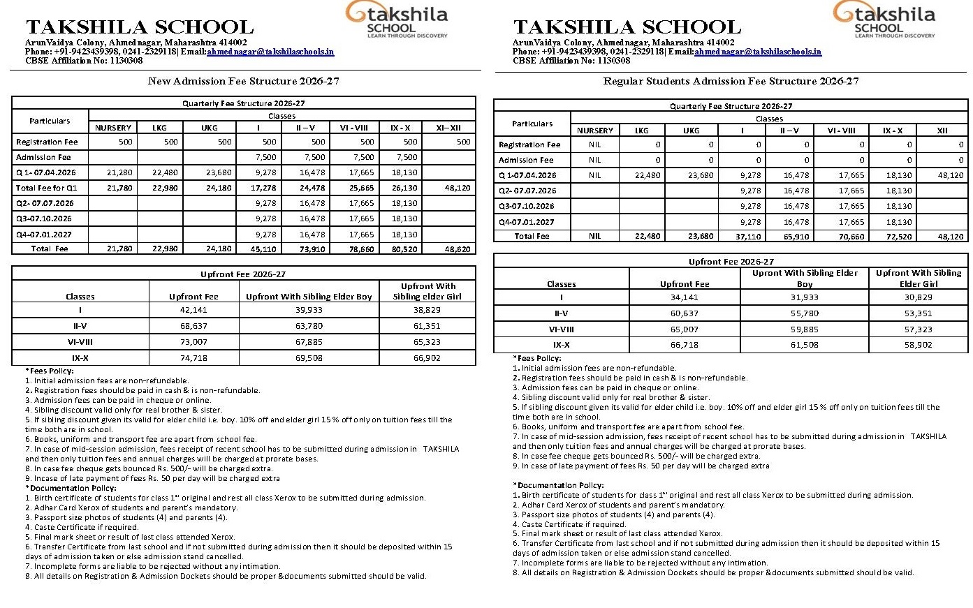 New Admission Fee Structure 2026-27